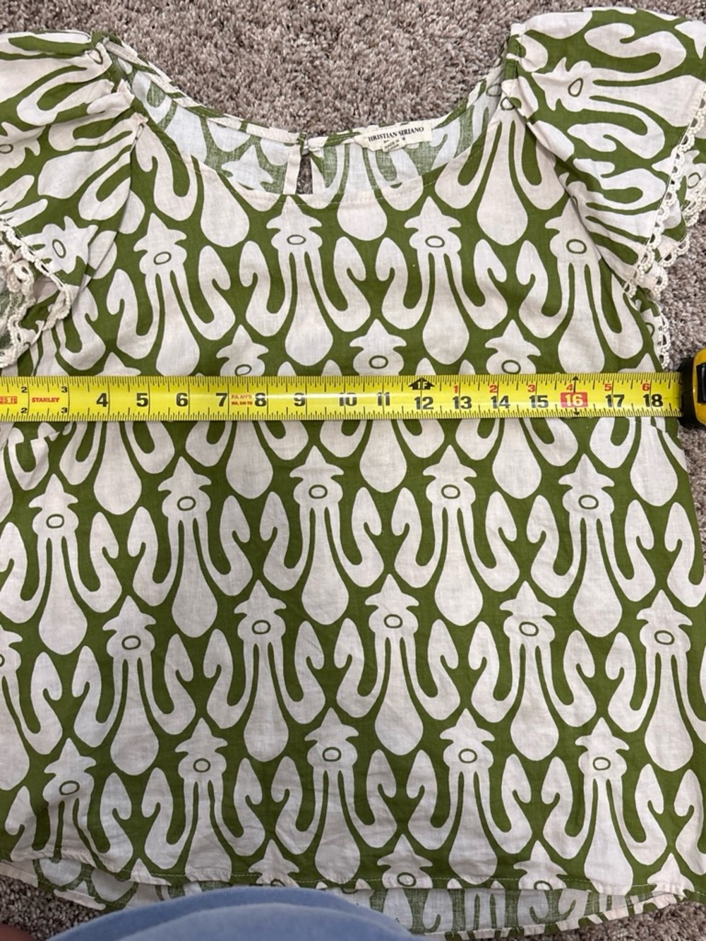 Christian Siriano Olive Green and White Patterned Flutter Sleeve Top - Picture 5 of 5